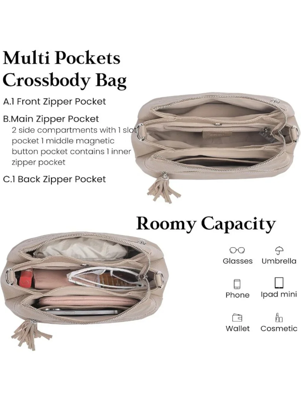 Genuine Leather Crossbody Hobo Bag for Women | Real Leather, Multi Pockets